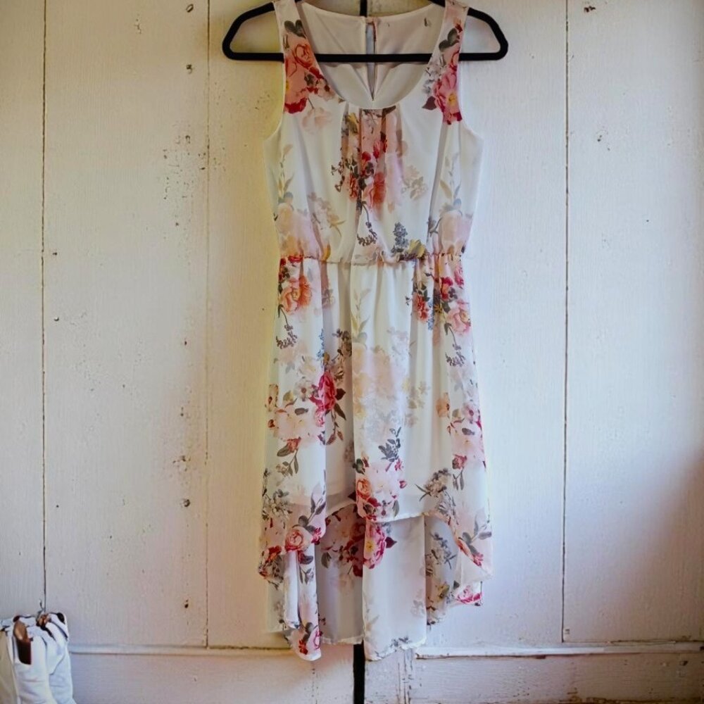 *CLEARANCE* ROMANTIC High Low Peach Flowers Sleeveless Lined Dress Sz XS